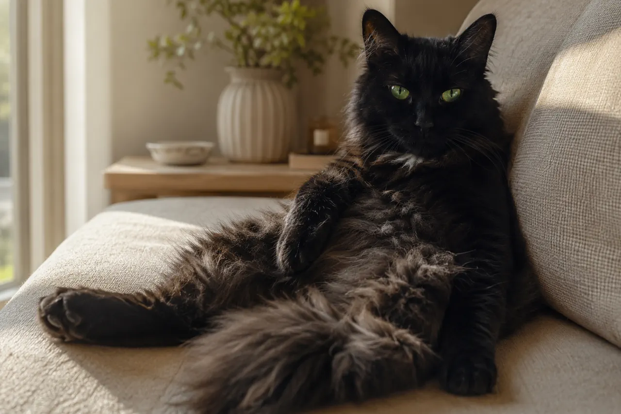 Relaxed black cat resting peacefully on a sofa in soft natural light during a calming distance pet reiki session
