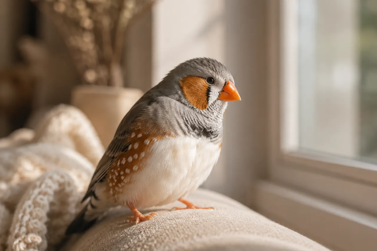 Calm companion bird resting peacefully near a softly lit window in a warm home environment