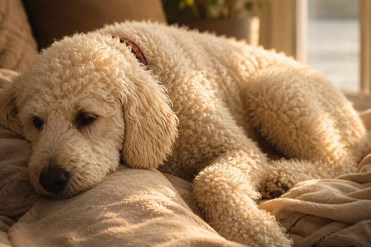 Senior companion dog resting peacefully in warm sunlight inside a calm home environment