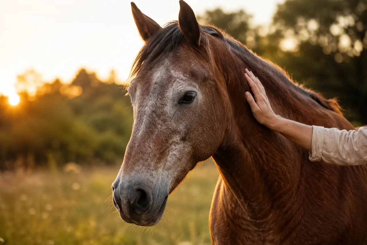 Senior horse receiving gentle companionship and emotional support during a pet reiki palliative care session.