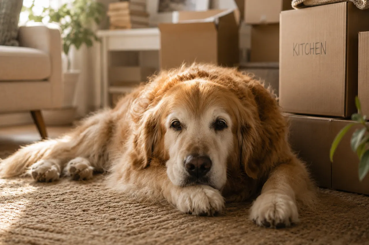 Golden retriever resting calmly beside moving boxes in a warm home during a life transition