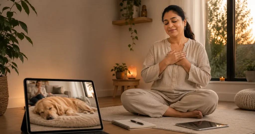 Tina Naik conducting a Distance Animal Reiki session while a relaxed dog rests peacefully in its own home.