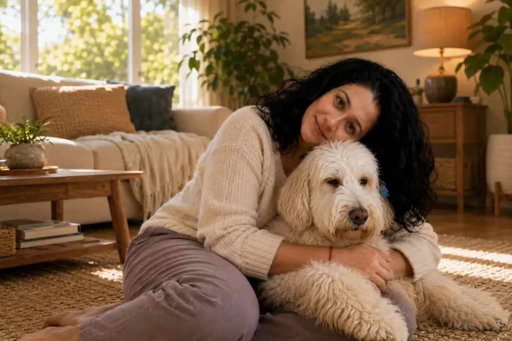 animal reiki articles 5 Tina Naik sharing a calm Dog Reiki moment with a relaxed companion dog in a warm California home.