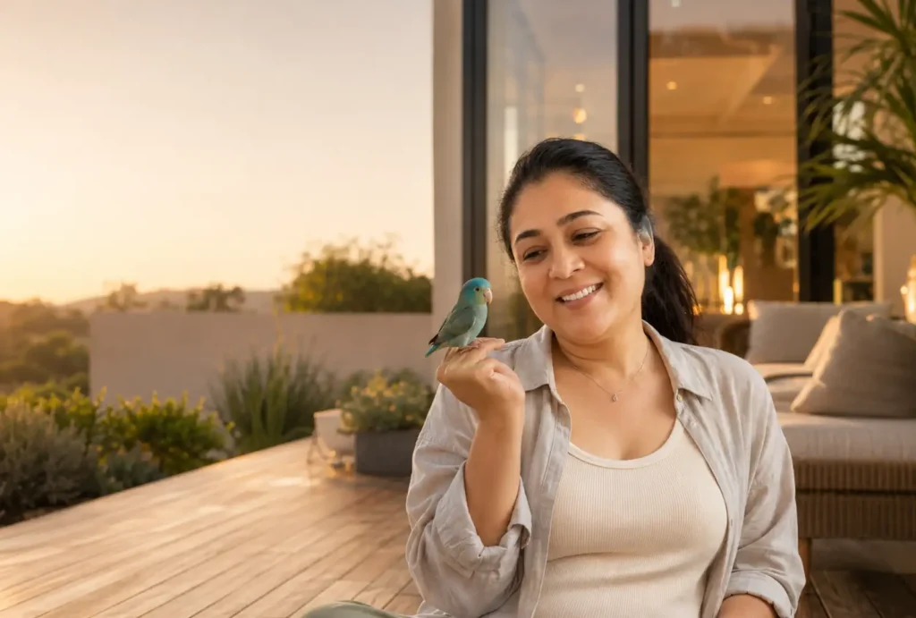 animal reiki articles 8 Tina Naik sharing a calm moment with a companion Pacific Parrotlet, representing holistic pet healing and compassionate bird wellbeing.