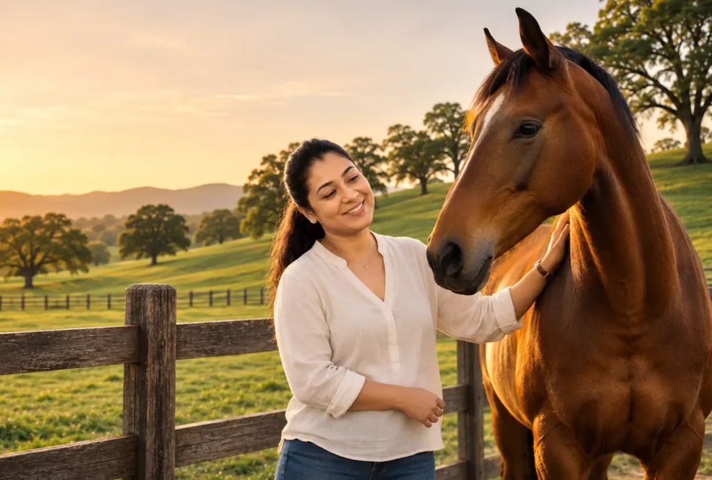 animal reiki articles 7 Tina Naik sharing a calm Horse Reiki moment with a relaxed bay horse in a peaceful California ranch setting.