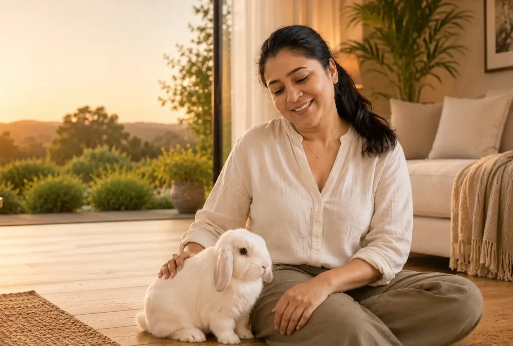 animal reiki articles 9 Tina Naik sharing a peaceful moment with a relaxed Holland Lop rabbit, representing gentle Pet Energy Healing and compassionate companion animal wellbeing.