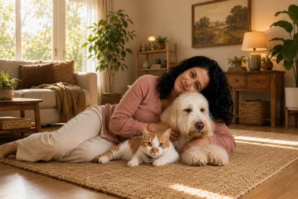 animal reiki articles 4 Tina Naik sharing a calm Animal Reiki moment with a relaxed dog and ginger-and-white cat in a warm California home.