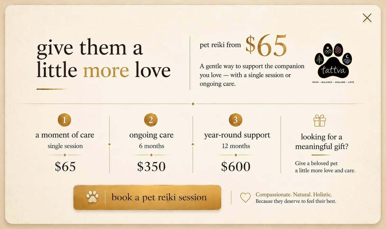 Tattva Paws pet Reiki session offers starting at $65